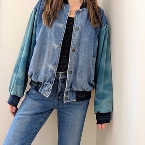 Vintage Varsity Denim Faded Bomber Jacket In Teal Blue/Navy Denim